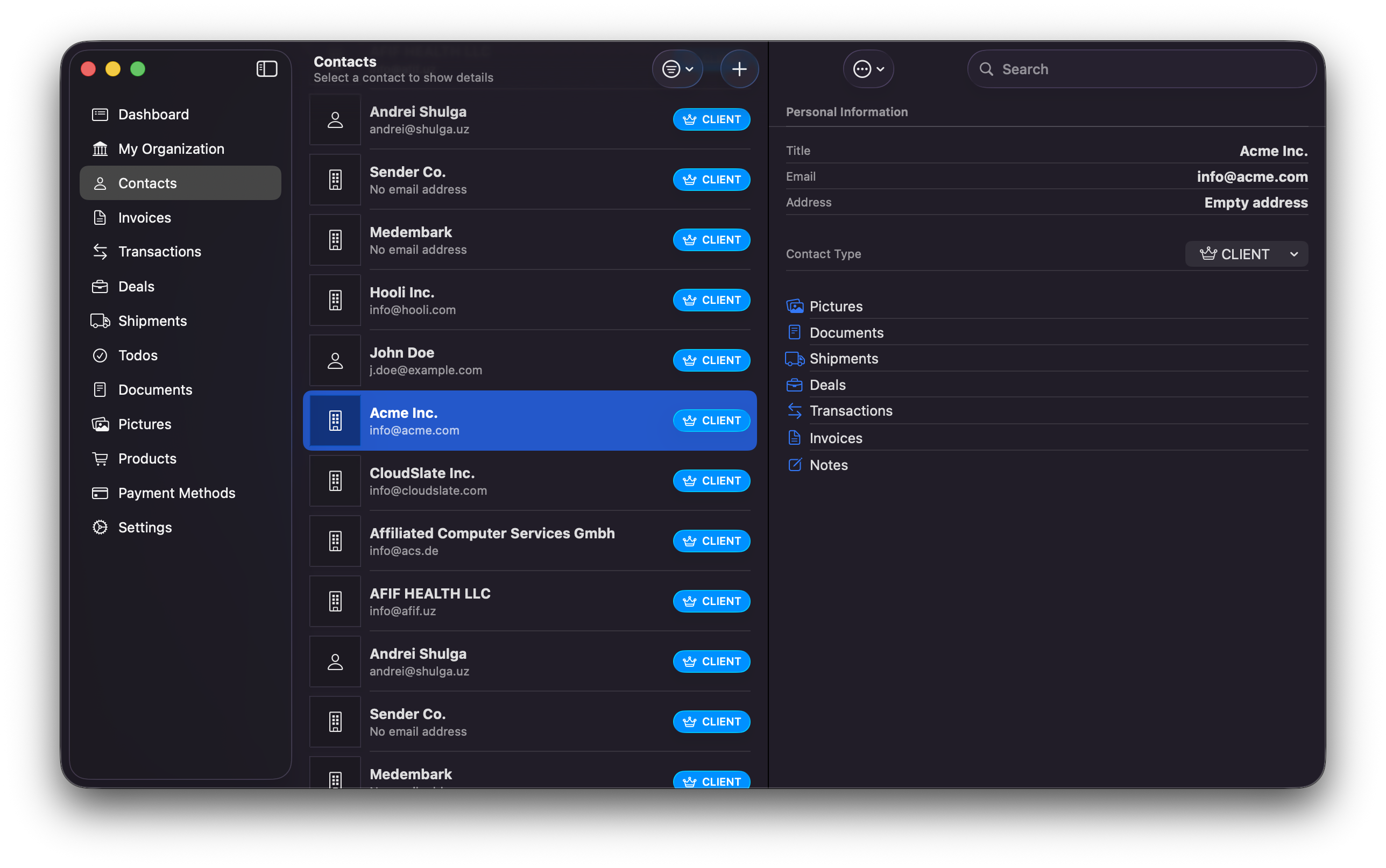 REARM contacts workspace on Mac with a linked client record