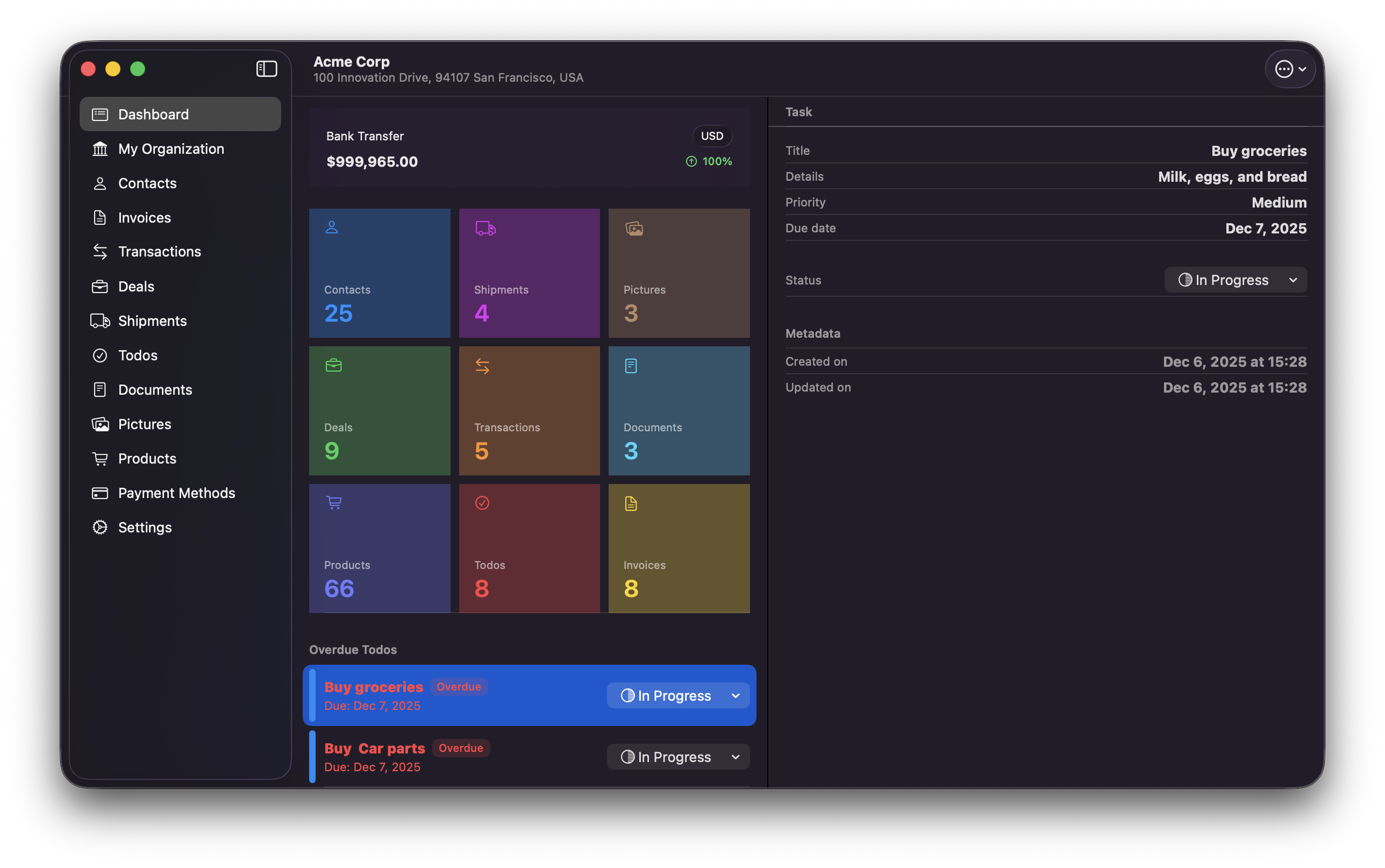 REARM dashboard on Mac showing business modules and overdue tasks
